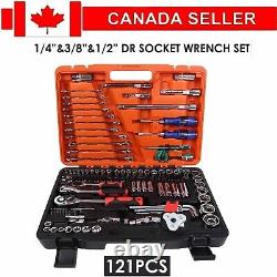 121PCS 1/4 & 3/8 & 1/2 Socket Ratchet Spanner Wrench Set Repair Tool Kit