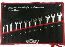 12PCS 8-19mm Metric Flexible Head Ratcheting Wrench Combination Spanner Tool Set