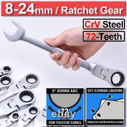 12Pcs Combination Ratchet Gear Flexible Head Ratcheting Wrench Spanners Tool Set