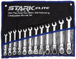 12pcs Flex-Head Combination Wrench Set Ratcheting Duo Metric SAE