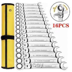 16pcs Ratcheting Combination Wrench Set, 6-23mm Metric Flex Head Wrench withbag