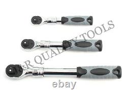1/4 3/8 & 1/2 drive Long Handle Ratchet Socket Wrench 3pc Tool Set Extendable