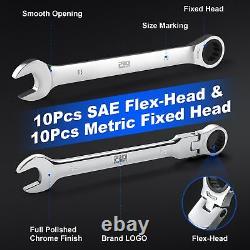 20-Piece SAE & Metric Combination Wrench Set, 72-Tooth Ratcheting Wrench Kit