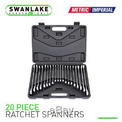 20pc Ratcheting Wrench Combination Flat Ratchet Spanner Set Inch & MM With Case