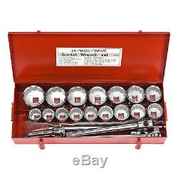 21pc 1inch Socket Reversible Ratchet 12 Point Standard SAE Shallow Chrome Set