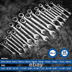 22PCS Ratcheting Combination Wrench Set 72 Teeth SAE 1/4To 3/4 and Metric