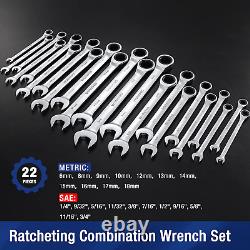 22-Piece Ratcheting Combination Wrench Set, 72 Teeth, Combo Ratchet Wrenches Set