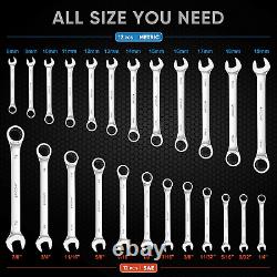 24Pcs. Ratcheting Ratchet Wrench Set, Professional Slim Profile Mechanic With Rack