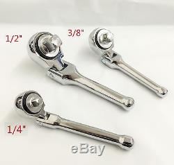 3pc 1/4 3/8 1/2 Flexible Stubby Gear Ratchet Socket Wrench Set Flex