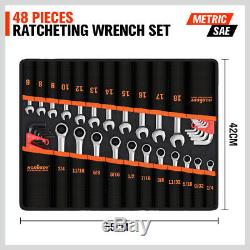48Pc Wrench Set Ratchet Spanner & Hex Key SAE Metric Allen Key WithT Rolling Pouch