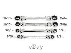 4 Piece Flex Head Ratcheting Box End Wrench Set Store and Go SAE 5/16 to 3/4