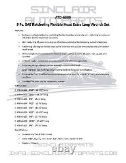 ATD-6509 9Pc. SAE Ratcheting Flexible Head Extra Long Wrench Set