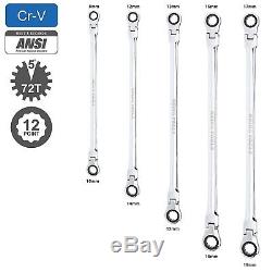 Double Box End Ratcheting Wrench Flex-Head Extra Long 5 PC Set Metric 8mm 19mm