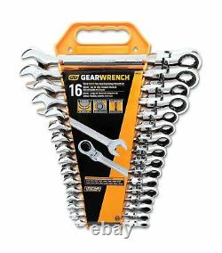 GEARWRENCH 16 Pc 12 Pt Flex Head Ratcheting Combination Wrench Rack Metric Set