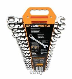 GEARWRENCH 16 Pc 12 Pt Flex Head Ratcheting Combination Wrench Rack Metric Set