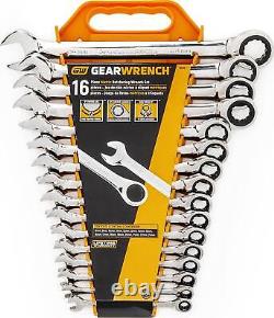 GEARWRENCH 16 Pc. Ratcheting Combination Wrench Set with Tray Metric