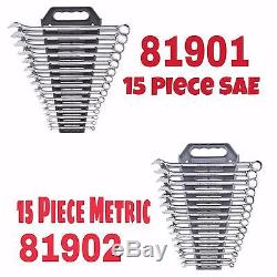 Gearwrench 15 Piece SAE Long Combination Wrench Set 81901 & 15 Pc Metric 81902