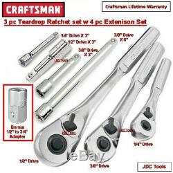NEW Craftsman 3pc Quick Release Hand Ratchet set 1/4 3/8 1/2 drive teardrop ext