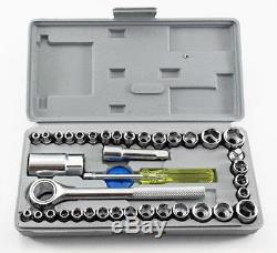 New 40Pc SAE/METRIC 1/4 & 3/8 DR. Socket Set Ratchet with Case Hand Tools