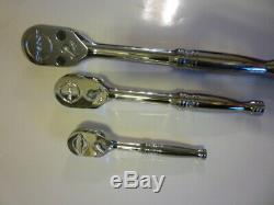 New Snap On 3 piece fine tooth ratchet set, 1/4, 3/8 and 1/2 inch drives