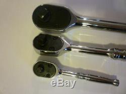 New Snap On 3 piece fine tooth ratchet set, 1/4, 3/8 and 1/2 inch drives