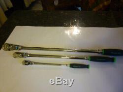 New Snap On 3 piece green flex head X long ratchet set, 1/4, 3/8 and 1/2 inch