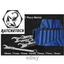 Ratchetech Wrench Set Metric 7 Piece 90 Degree Flex Head Open End Ratchet