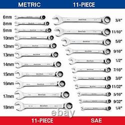 Ratcheting Combination Wrench Set Sae Metric 22piece 1/4? To 3/4? 618mm Chrome V