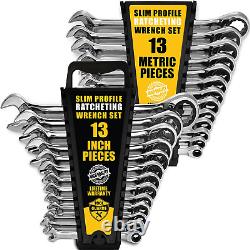 Ratcheting Wrench Set 26 Pieces INCH/MM Slim Profile with Rack Organizer Wrenc