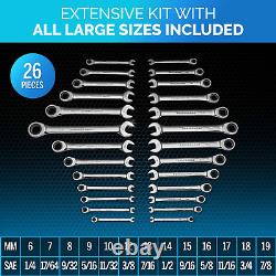 Ratcheting Wrench Set 26 Pieces INCH/MM Slim Profile with Rack Organizer Wrenc