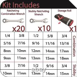 Ratcheting Wrench Set Chrome Alloy Steel Standard Stubby Box End Metric SAE Tool