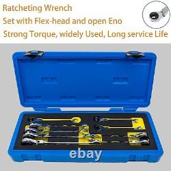 Ratcheting Wrench Set with Flex-Head and Open End, 180° Metric Tubing Combina