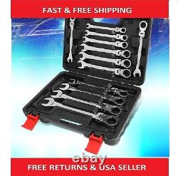 Ratcheting Wrench Tool Box Pivoting Head-Swivel 180 Degree Set Of 12 Pcs 15mm