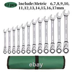 Ratcheting Wrenches Metric Flex-Head Combination Double Box End Spanner Tool Set