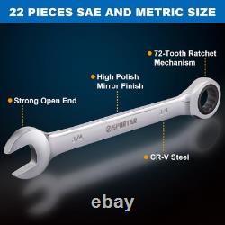 Spurtar 22 Pieces Ratcheting Wrench Set 1/4''-3/4'' & 6-18mm Silver