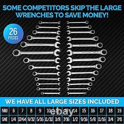 TOOLGUARDS 26 Pieces INCH/MM slim profile Ratcheting Wrench Set with Rack Org