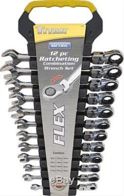 Titan Ratcheting Combination Wrenches Flex-Head Metric Steel Chrome Set of 12