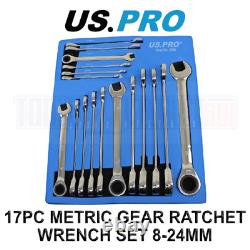 US PRO Tools 17pc 8mm-24mm Metric Gear Ratchet Wrench Spanner Set In Foam Tray