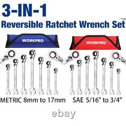 WORKPRO 7-Pieces 3-in-1 Reversible Ratchet Wrench Set Metric/SAE WithRolling Pouch
