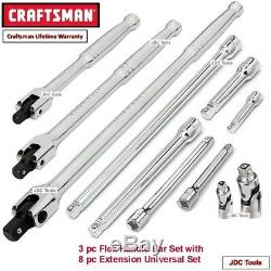 Craftsman 3 Pc Flex Poignée Breaker Bar Set W 8 Pc Extension Universal Set