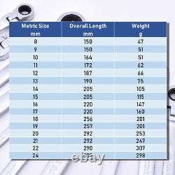 Ensemble d'outils à clés à cliquet à tête flexible de 8 à 24 mm