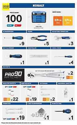 Ensemble d'outils complet Kobalt de 100 pièces dans un étui rigide avec clés à douille SAE/MÉTRIQUE et pinces NEUF