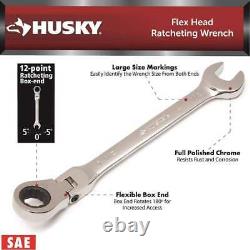Jeu de clés à cliquet Husky, 12 pièces, mesure SAE standard, outil à main à tête flexible.