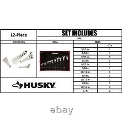 Jeu de clés à cliquet Husky, 12 pièces, mesure SAE standard, outil à main à tête flexible.